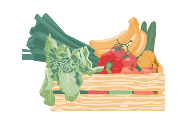 Eine illustrierte Holzkiste mit regionalem Obst und Gemüse.
