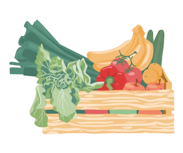 Eine illustrierte Holzkiste mit regionalem Obst und Gemüse.