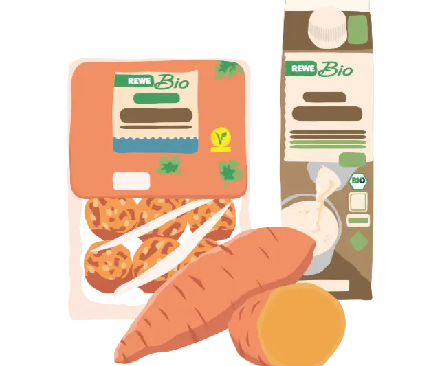 Eine Illustration mit verschiedenen REWE Bio Produkten.