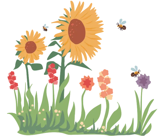 Die Illustration zeigt eine Wildblumenwiese mit Wildbienen und anderen Insekten. 