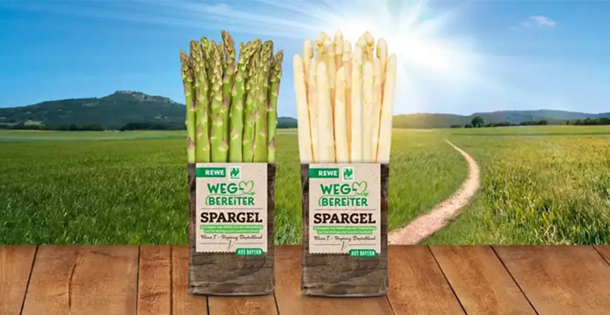 Ein Bund grüner und ein Bund weißer Spargel. Beide tragen eine Banderole mit der Aufschrift „REWE Wegbereiter“.
