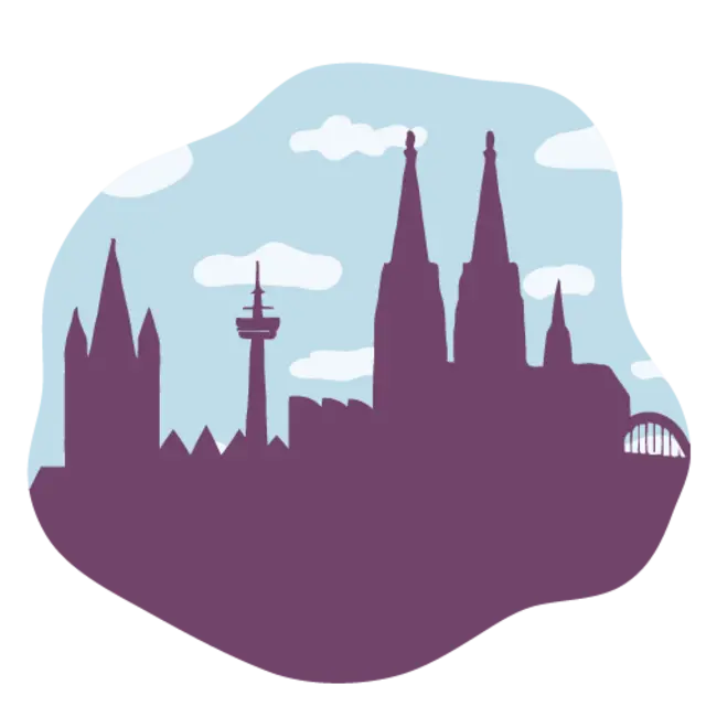 Die illustrierte Silhouette von Köln symbolisiert das Rheinland.