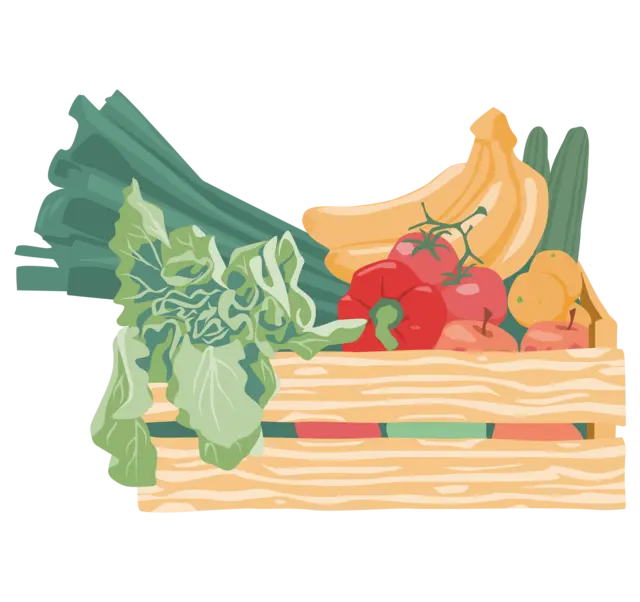 Eine illustrierte Holzkiste mit frischem Obst und Gemüse.