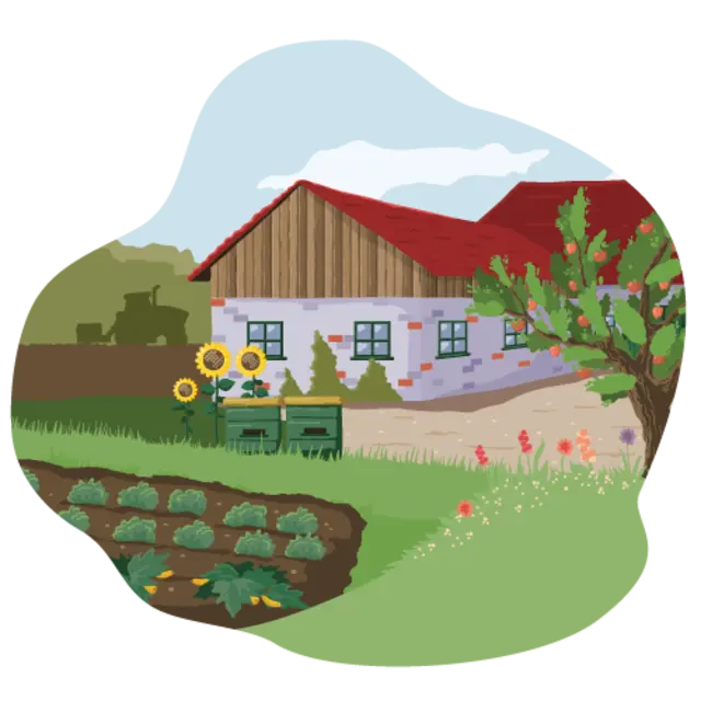 Ein illustrierter landwirtschaftlicher Betrieb inmitten von Feldern und Obstbäumen. 