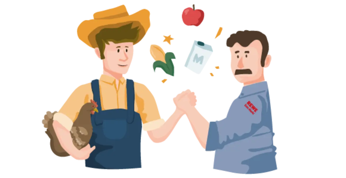Ein illustrierter REWE Lokalpartner und ein illustrierter REWE Kaufmann bekräftigen ihre Zusammenarbeit per Handschlag.
