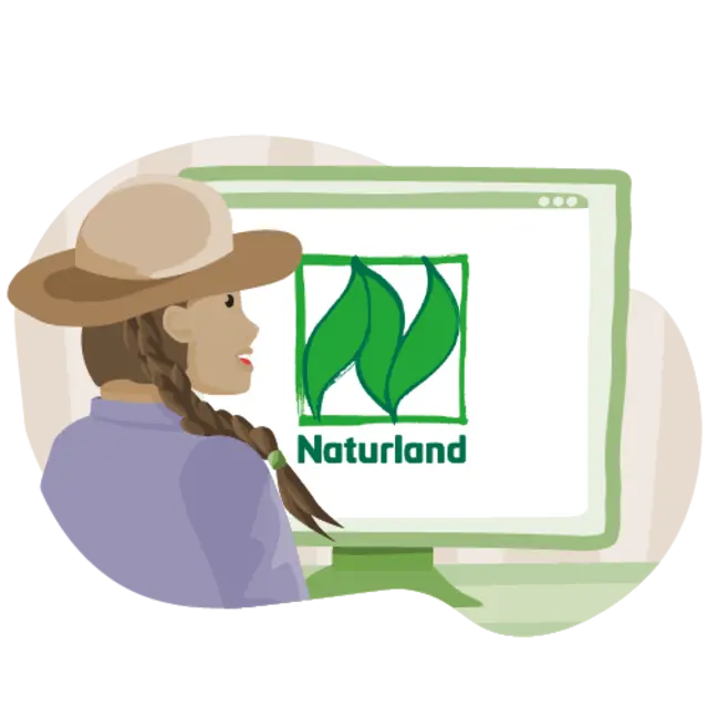 Eine illustrierte Landwirtin vor dem Computer. Auf dem Bildschirm ist das Naturland Logo zu sehen.