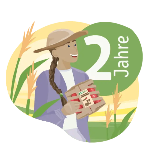 Eine Illustration zeigt eine Landwirtin auf dem Feld. In der Hand hält sie eine Packung REWE Bio Tomaten. Im Hintergrund steht der Schriftzug „2 Jahre“.