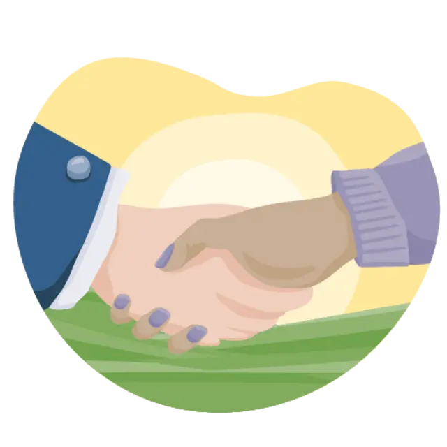 Die Illustration symbolisiert die langfristige Zusammenarbeit zwischen REWE und den Landwirt:innen: zwei Personen geben sich die Hand.