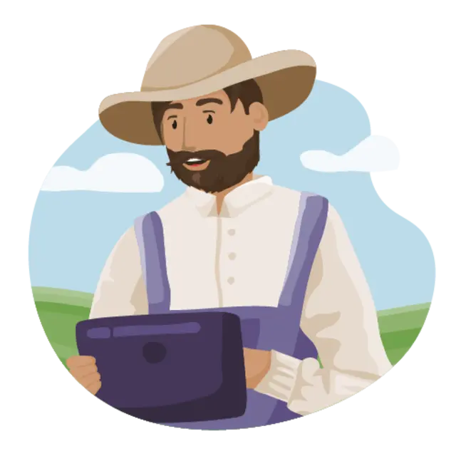 Ein illustrierter Landwirt steht mit einem Tablet auf dem Feld. Er kontaktiert per E-Mail die Wegbereiter.