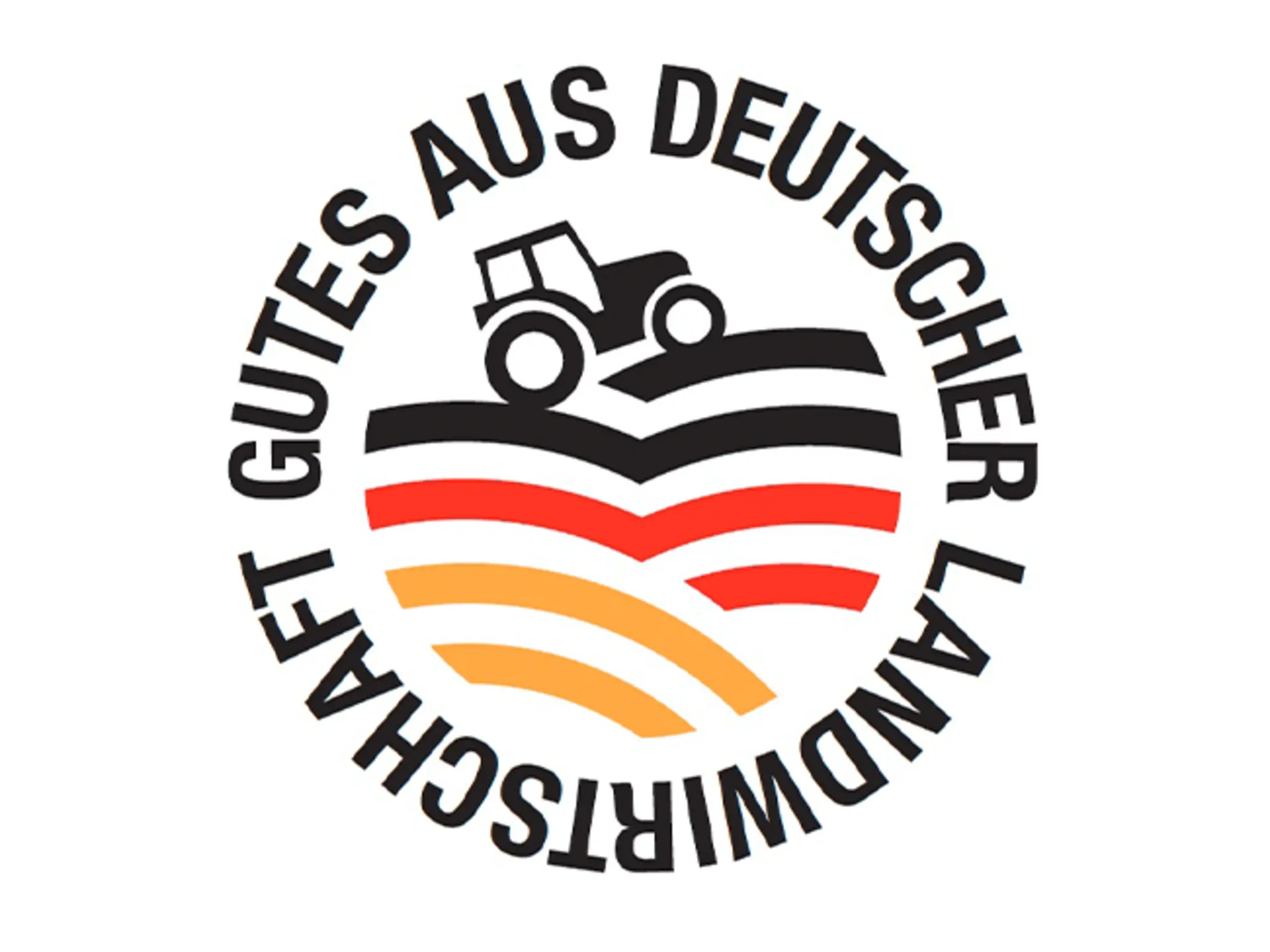 Das Herkunftskennzeichen Deutschland zeigt einen Traktor, der über ein Feld in Schwarz-Rot-Gold fährt. Ein Schriftzug ergänzt „Gutes aus deutscher Landwirtschaft“.