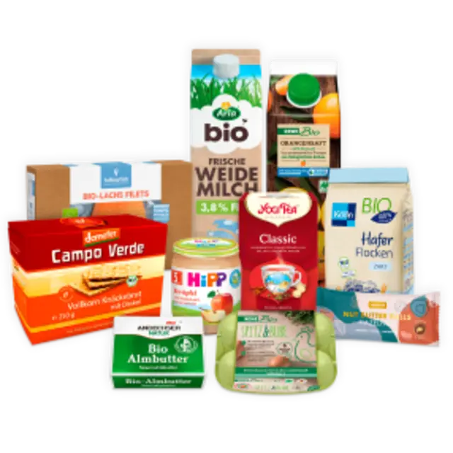 Eine vielfältige Auswahl an Bio-Produkten– von Babygläschen, über Lachs-Filets bis zu Haferflocken.