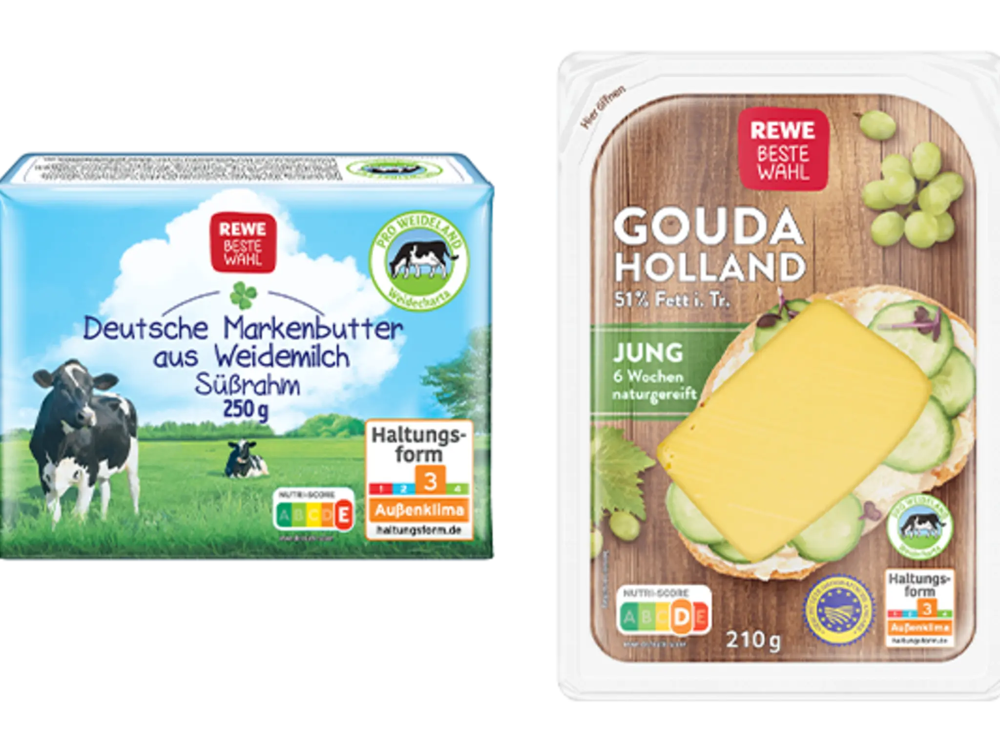 Eine Packung REWE Beste Wahl Butter und REWE Beste Wahl Gouda mit dem PRO Weideland Siegel.