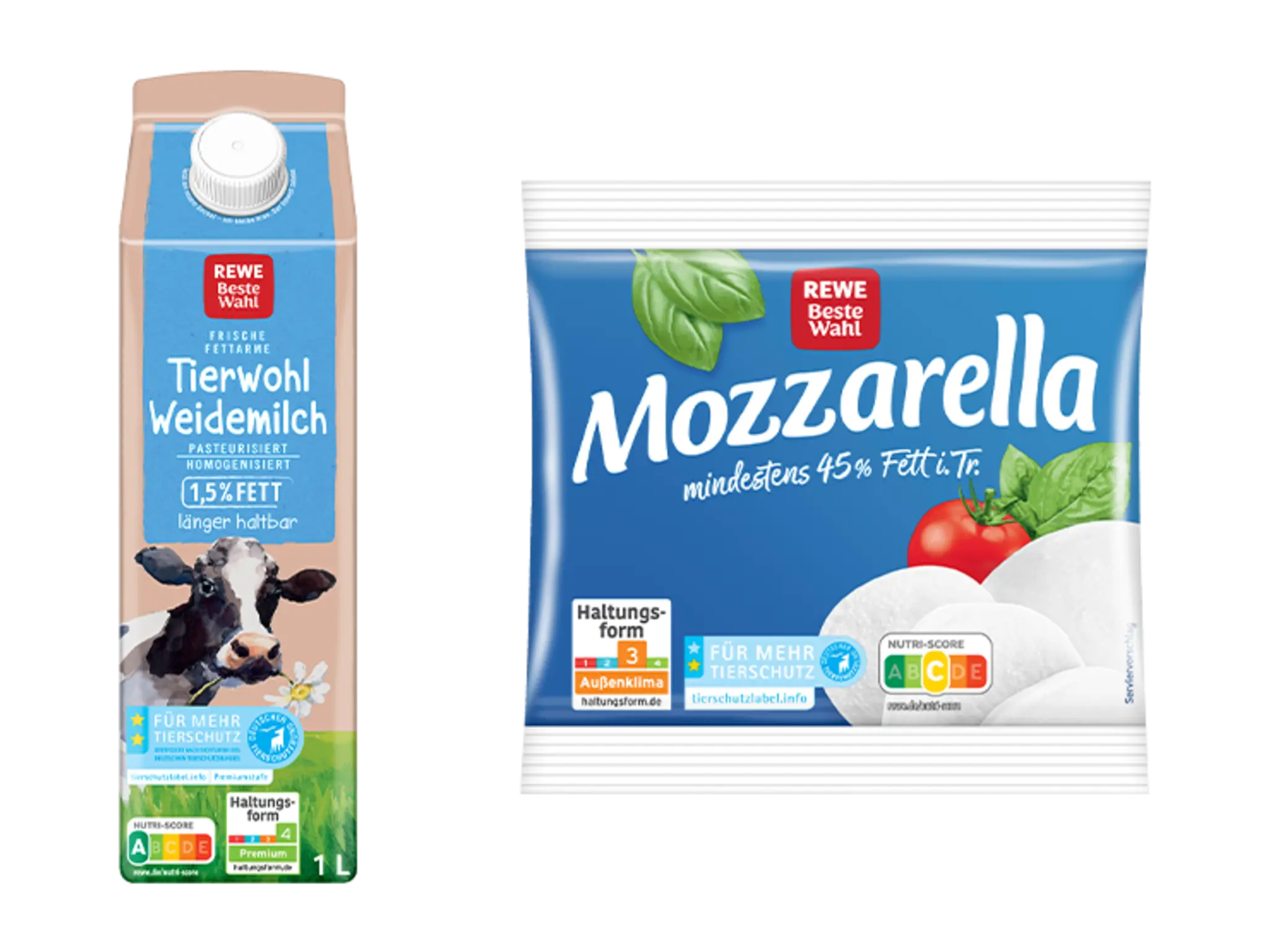 Eine Packung REWE Beste Wahl Weide Vollmilch und eine Packung REWE Beste Wahl Mozzarella. Beide Produkte tragen das blaue Label „Für mehr Tierschutz. Zertifiziert nach den Richtlinien des Deutschen Tierschutzbundes.“