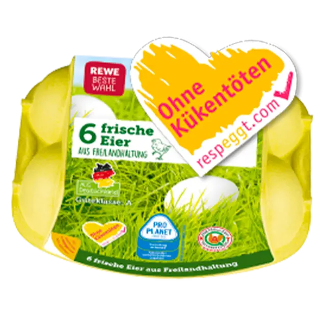 REWE Beste Wahl Eier mit dem herzförmigen Respeggt Logo. Auf dem Logo steht „Ohne Kükentöten“.