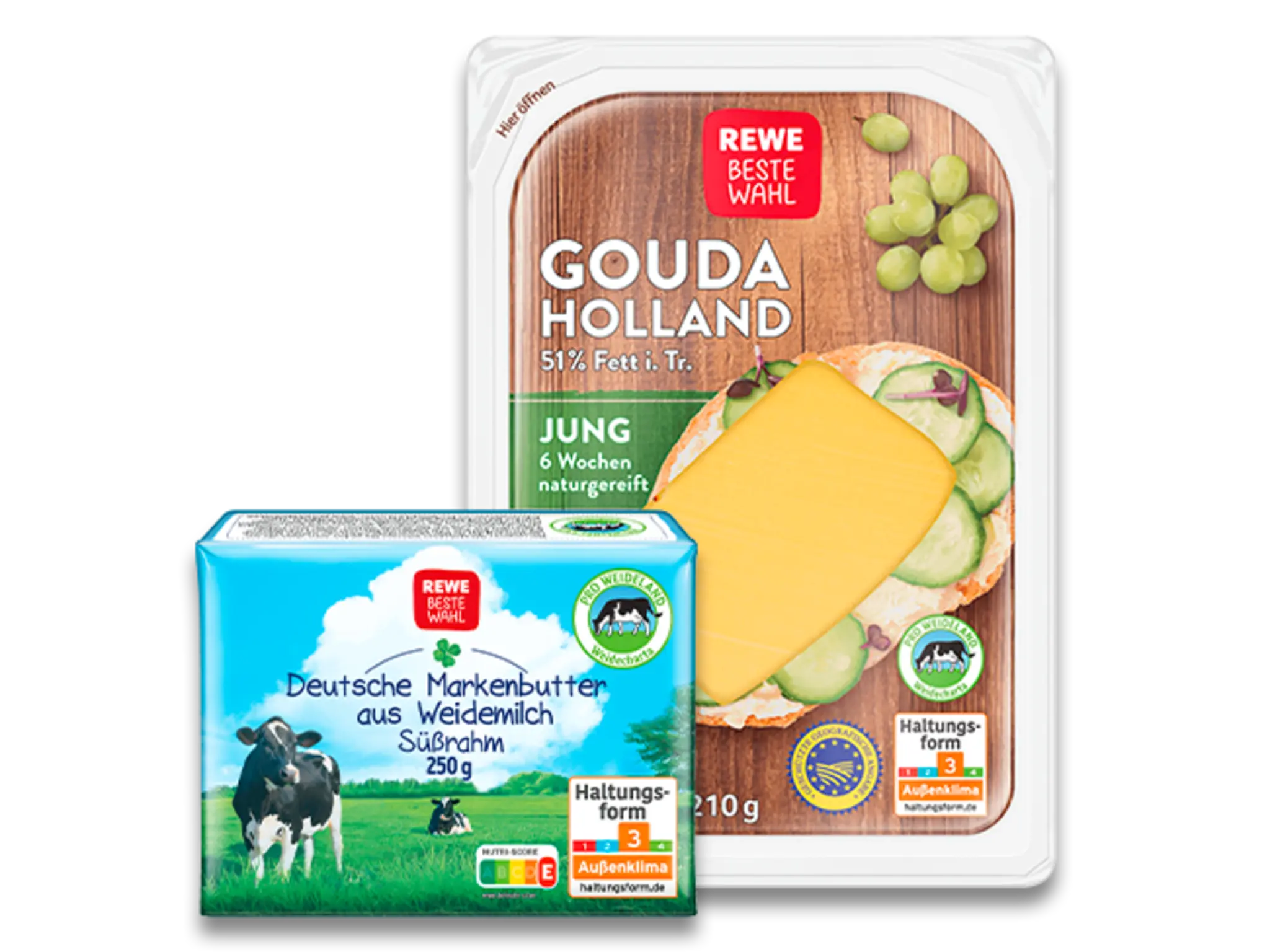 Eine Packung REWE Beste Wahl Deutsche Butter aus Weidemilch und eine Packung REWE Beste Wahl Gouda jung. Beide Produkte tragen das Label „Pro Weideland Weidecharta“ und entsprechen der Haltungsstufe 3.