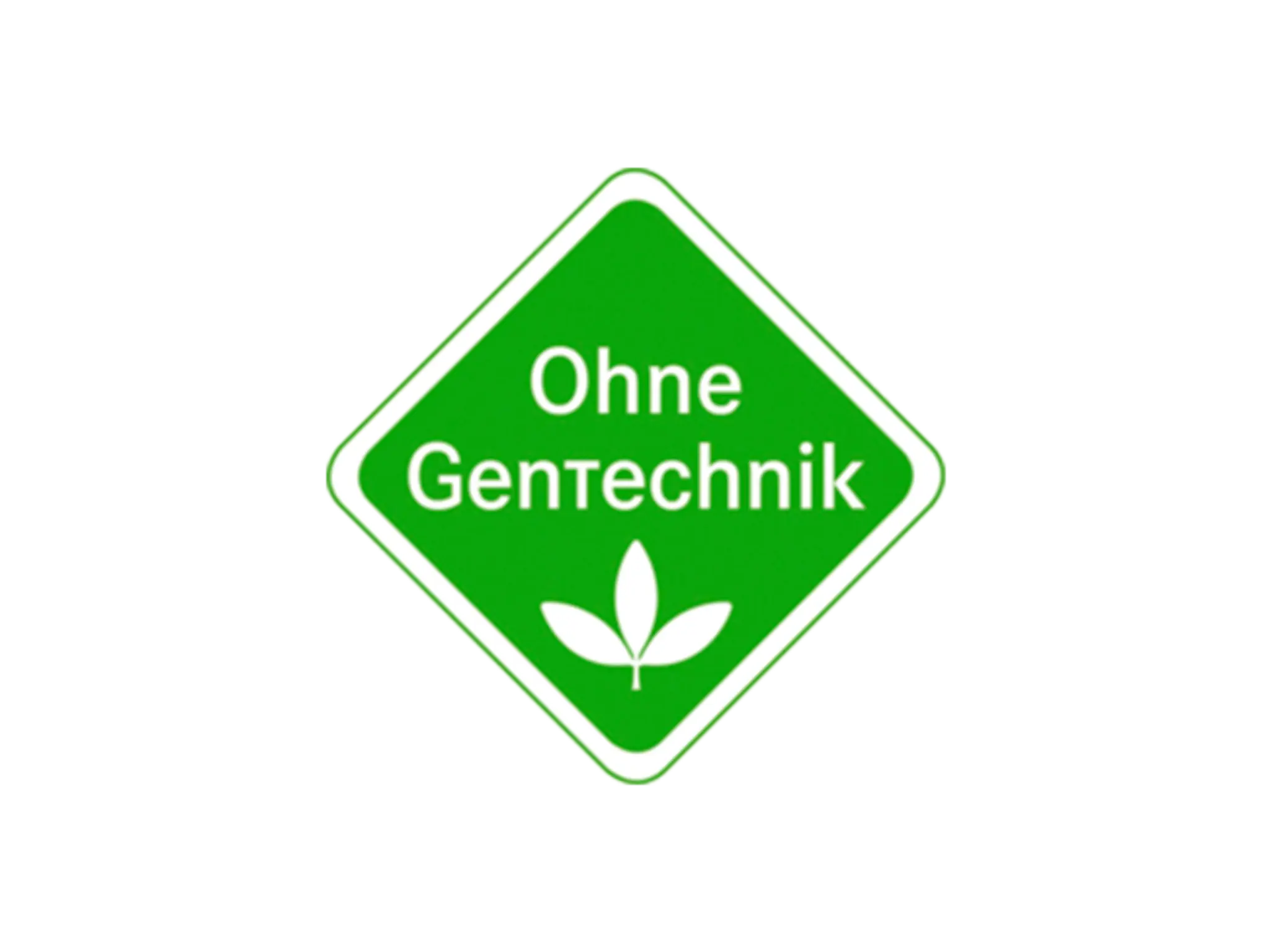 Ein grünes, rautenförmiges Logo mit der Aufschrift „Ohne Gentechnik“.