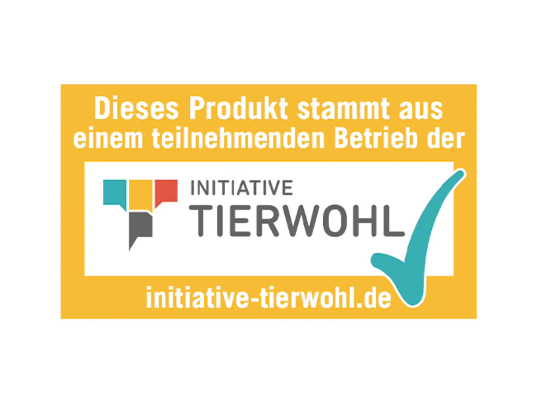 Das gelbe Siegel der Initiative Tierwohl mit dem blauen Haken. Auf dem Siegel steht: „Dieses Produkt stammt aus einem teilnehmenden Betrieb der Initiative Tierwohl. Initiative-tierwohl.de“