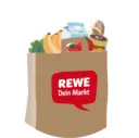 Eine illustrierte REWE Papiertragetasche voll frischer Produkte.  
