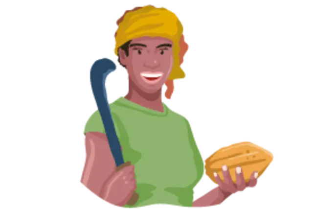 Eine illustrierte Kleinbäuerin hält in der einen Hand eine Kakaoschote und in der anderen ein scharfes Messer.