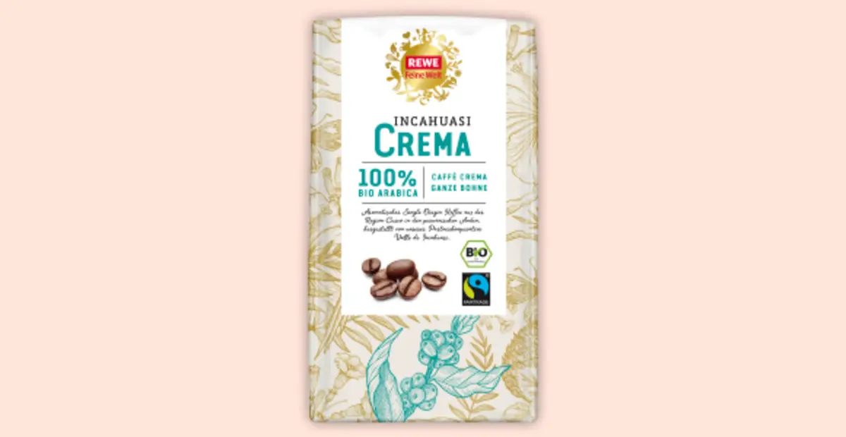 Eine Packung REWE Feine Welt Bio Incahuasi Crema ganze Bohne.