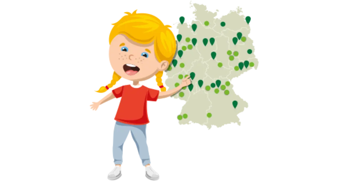 Ein illustriertes Kind deutet auf eine Landkarte. Die Karte zeigt, wo es schon inklusive Spielplätze gibt. 