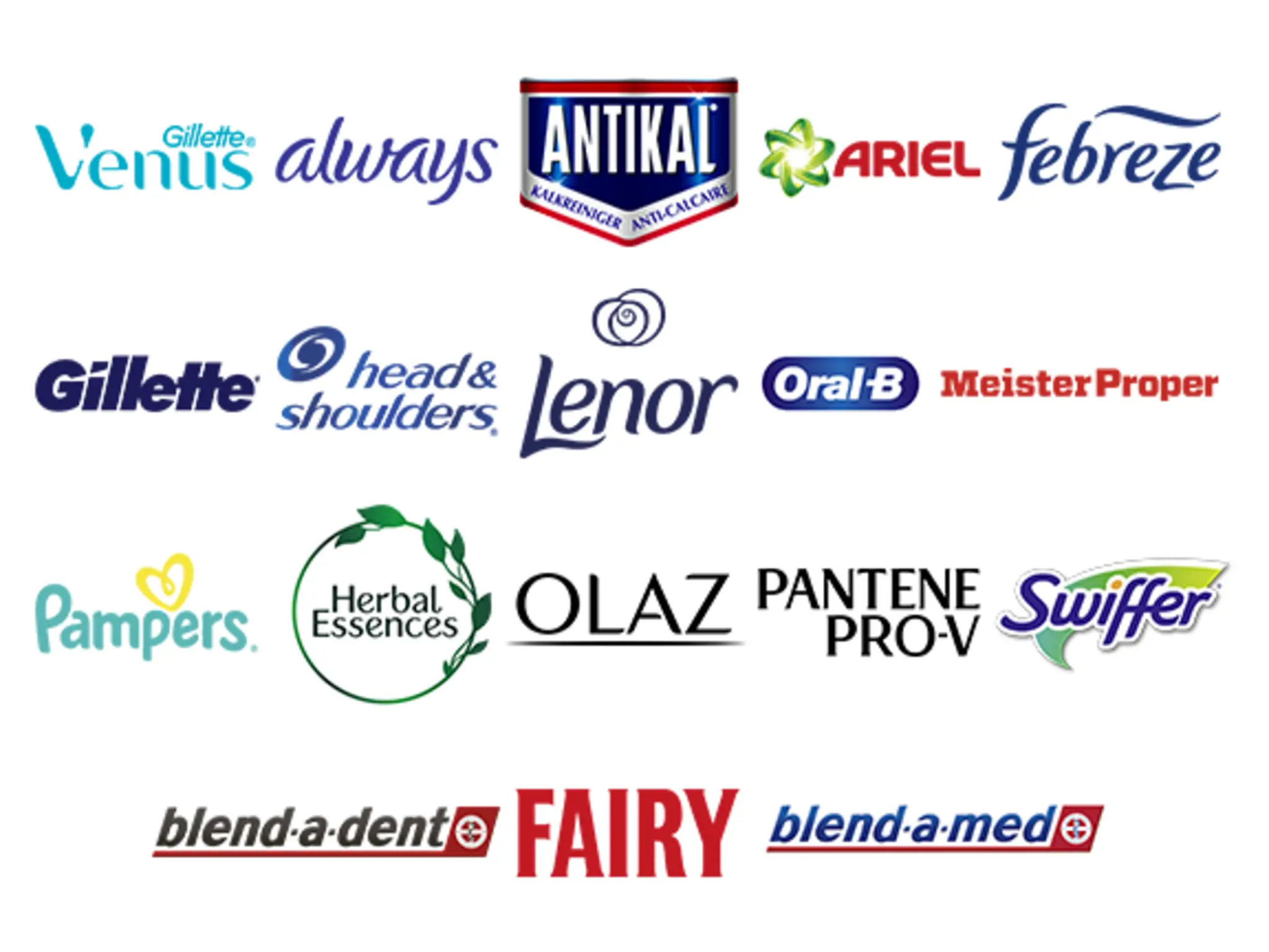 Die Logos der teilnehmenden Marken: blend-a-med, blend-a-dent, Gillette, Gillette Venus, Head & Shoulders, Herbal Essences, Olaz, Oral-B, Pantene Pro-V, Antikal, Febreze, Meister Proper, Fairy, Swiffer, Always, Ariel, Lenor und Pampers. 