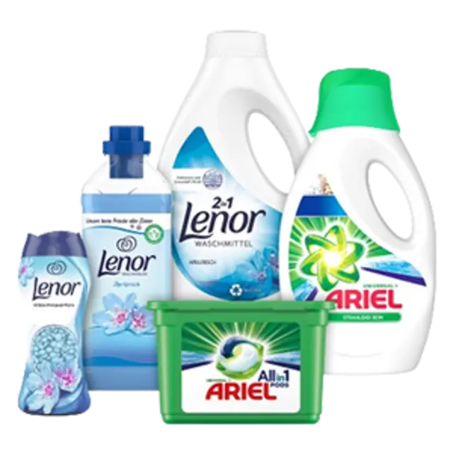 Eine Auswahl an Procter & Gamble Produkten. Kaufst du sie bei REWE, unterstützt du damit die Aktion „Stück zum Glück“.