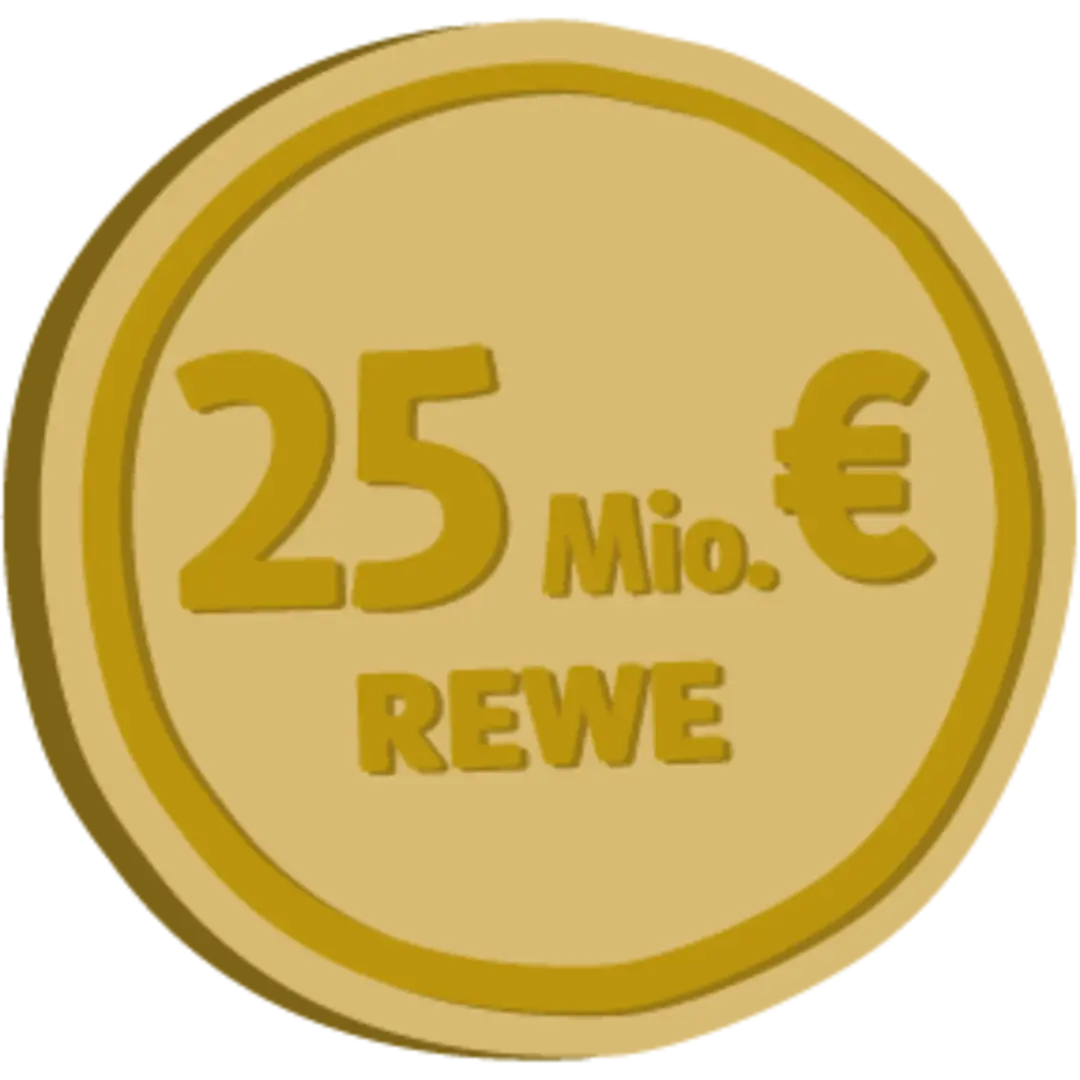 Goldene Münze mit der Prägung "25 Mio. € REWE"