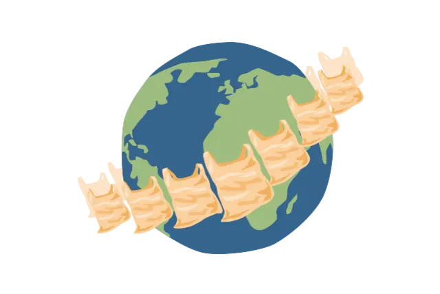 Die Illustration zeigt mehrere Plastiktüten, die einen Ring um die Weltkugel bilden. 