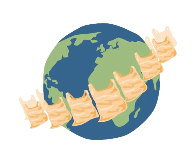 Die Illustration zeigt mehrere Plastiktüten, die einen Ring um die Weltkugel bilden. 