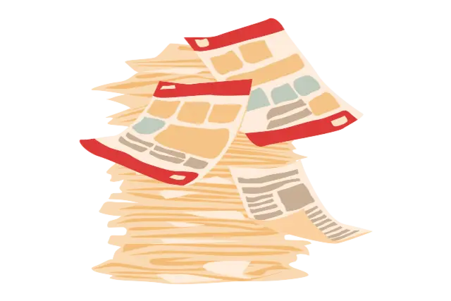 Ein großer Stapel illustrierter Handzettel aus Papier. 