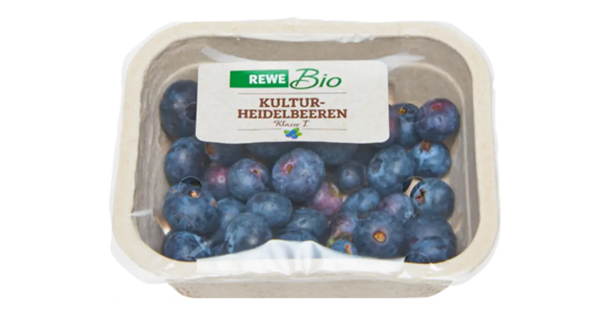 REWE Bio Kultur-Heidelbeeren in einer Pappschale.