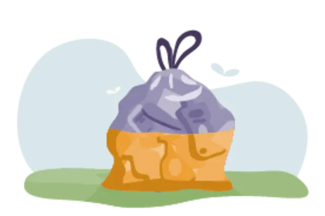 Ein illustrierter Müllsack. Die untere Hälfte ist gelb, die obere Hälfte blau. Die gelbe Hälfte symbolisiert Kunststoff-Abfälle.