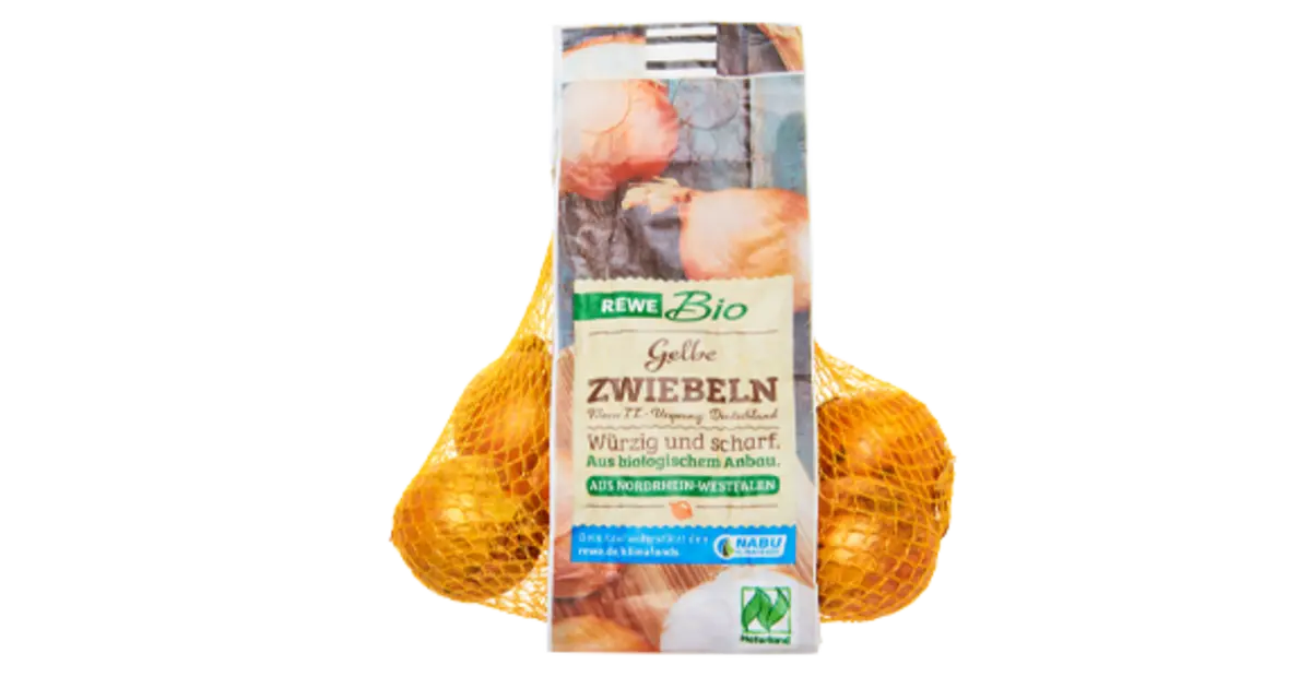 Ein Bild von REWE Bio Zwiebeln im Netz.