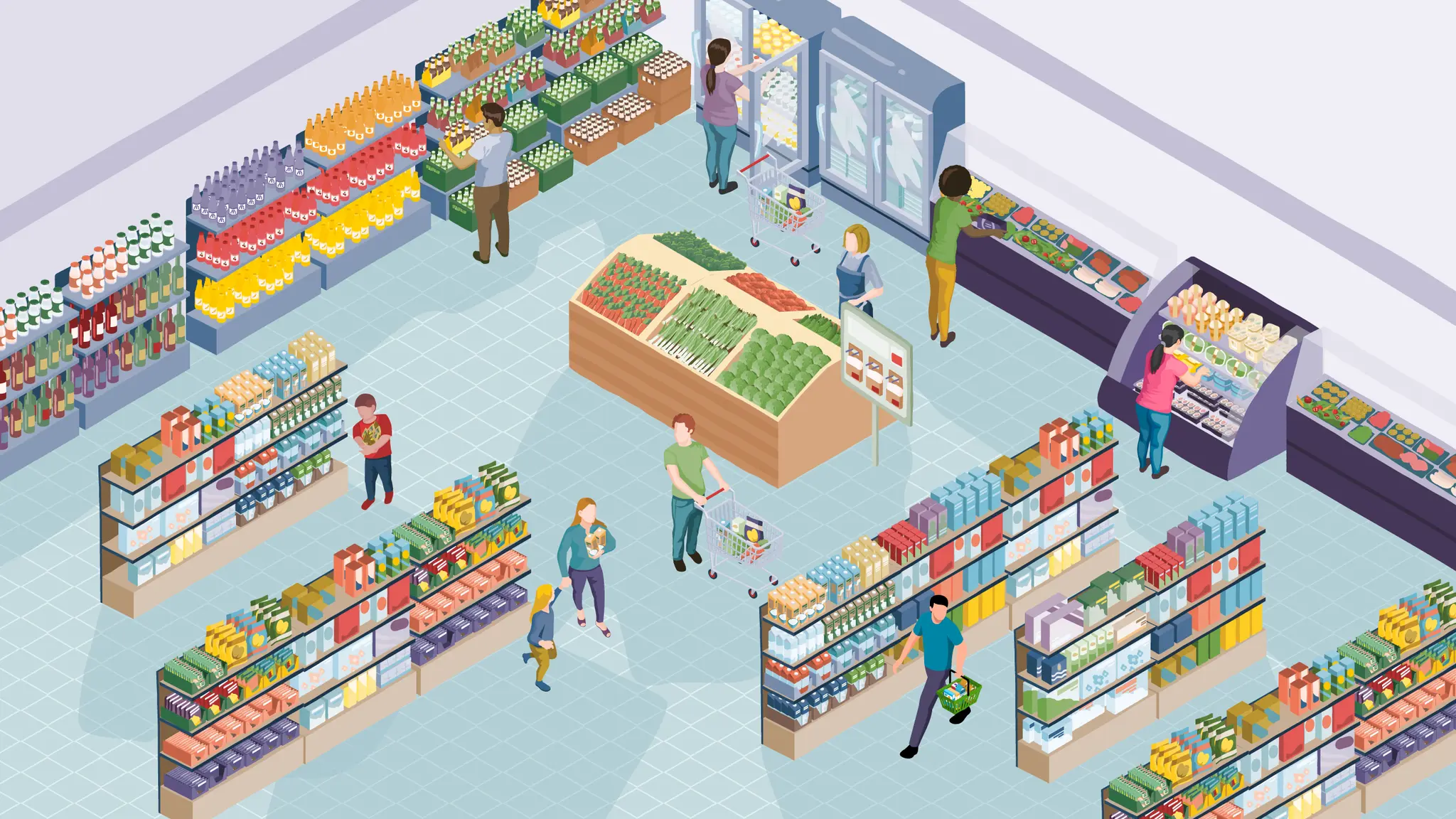 Ein illustrierter REWE Markt von oben: In verschiedenen Regalen gibt es Mehrweg-Verpackungen.
