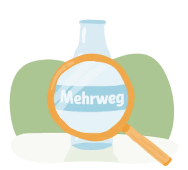 Eine illustrierte Mehrweg-Glasflasche. Unter einer Lupe erkennt man das Wort „Mehrweg“ auf der Flasche. 