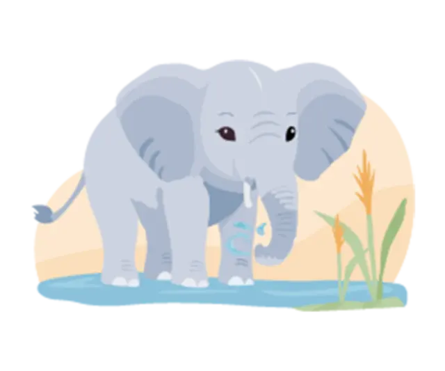 Ein illustrierter Elefant, der aus einer Wasserstelle trinkt. 