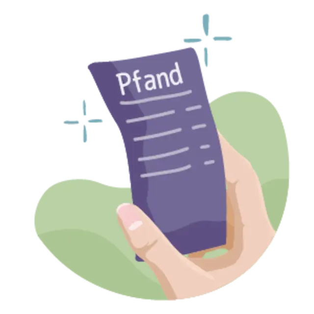 Eine illustrierte Hand hält einen Kassenbon mit dem Wort “Pfand”.