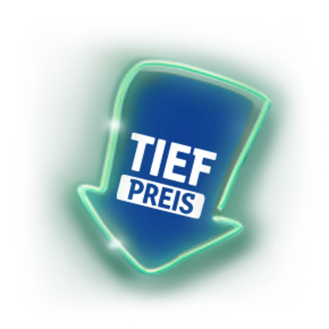 Ein blauer, nach unten gerichteter Pfeil mit einer neongrünen Outline. Auf dem Pfeil steht der Text: Tiefpreis.