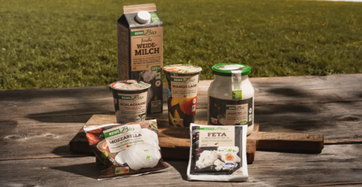Verschiedene REWE Bio Produkte stehen draußen auf einem Tisch: REWE Bio frische Weidemilch, Joghurt, Mango Lassi, Schlagsahne, Mozzarella und Feta.