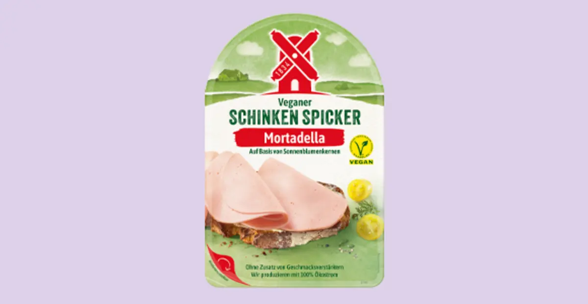 Eine Packung Rügenwalder Mühle Veganer Spicker Mortadella.
