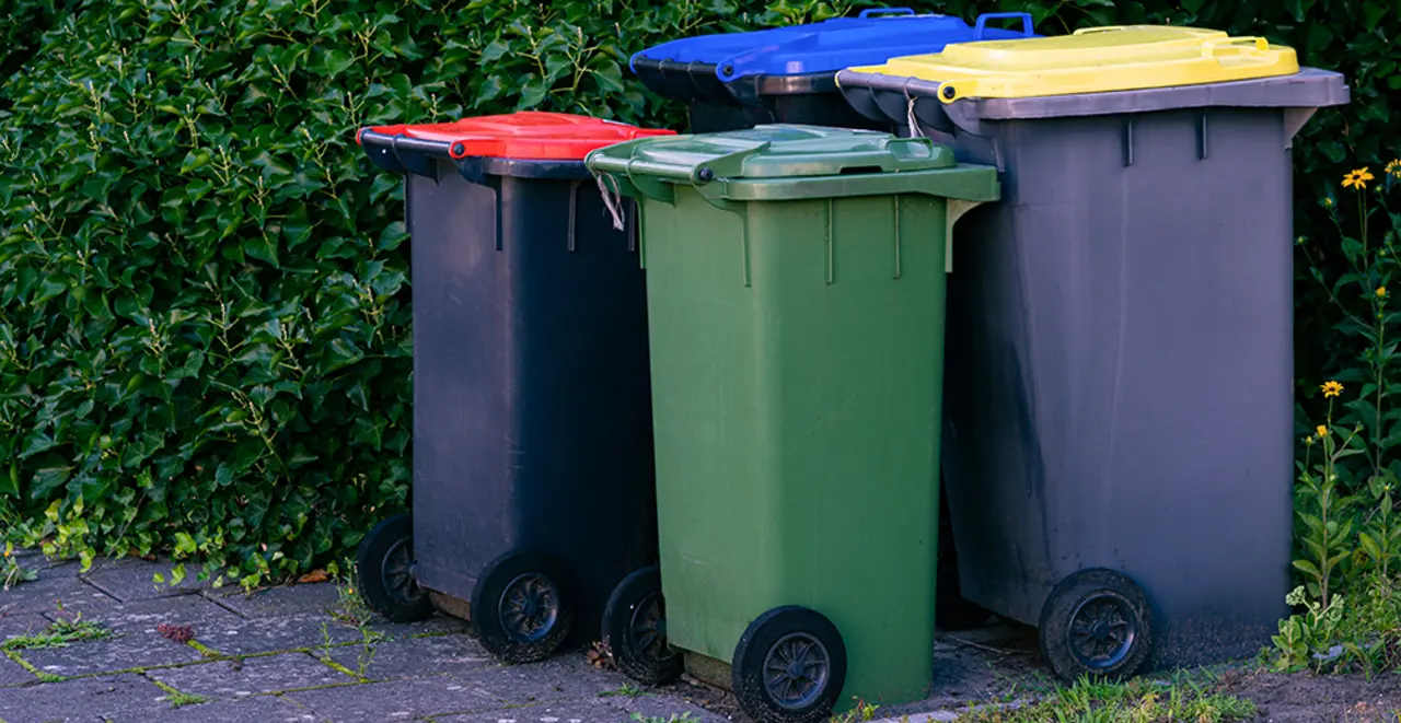 Eine Altpapiertonne, eine gelbe Tonne, eine Restmülltonne und eine Biotonne am Rand einer Einfahrt 