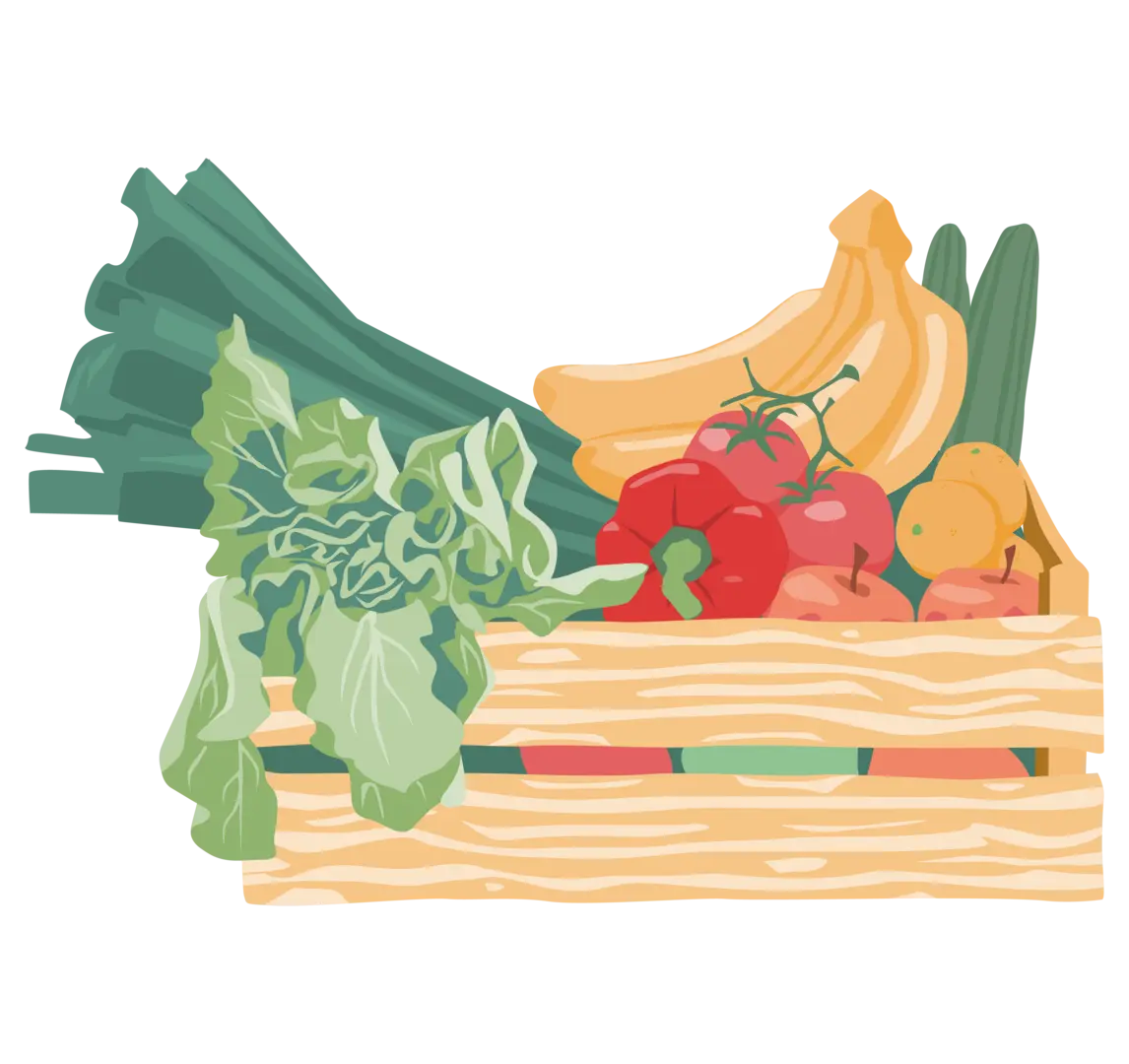 Eine illustrierte Holzkiste voll Obst und Gemüse. 