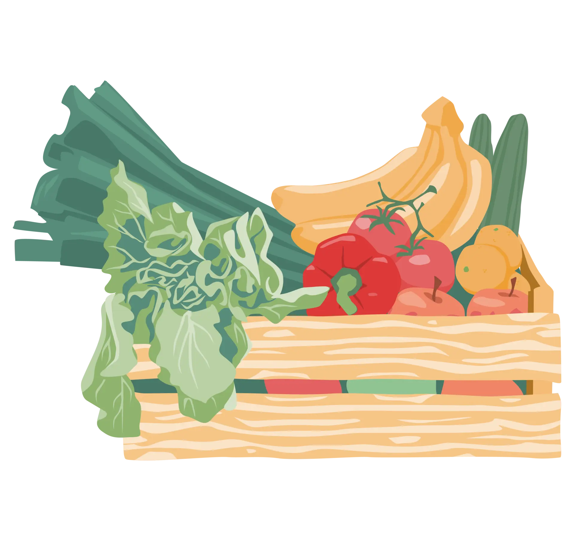 Eine illustrierte Holzkiste voll Obst und Gemüse. 