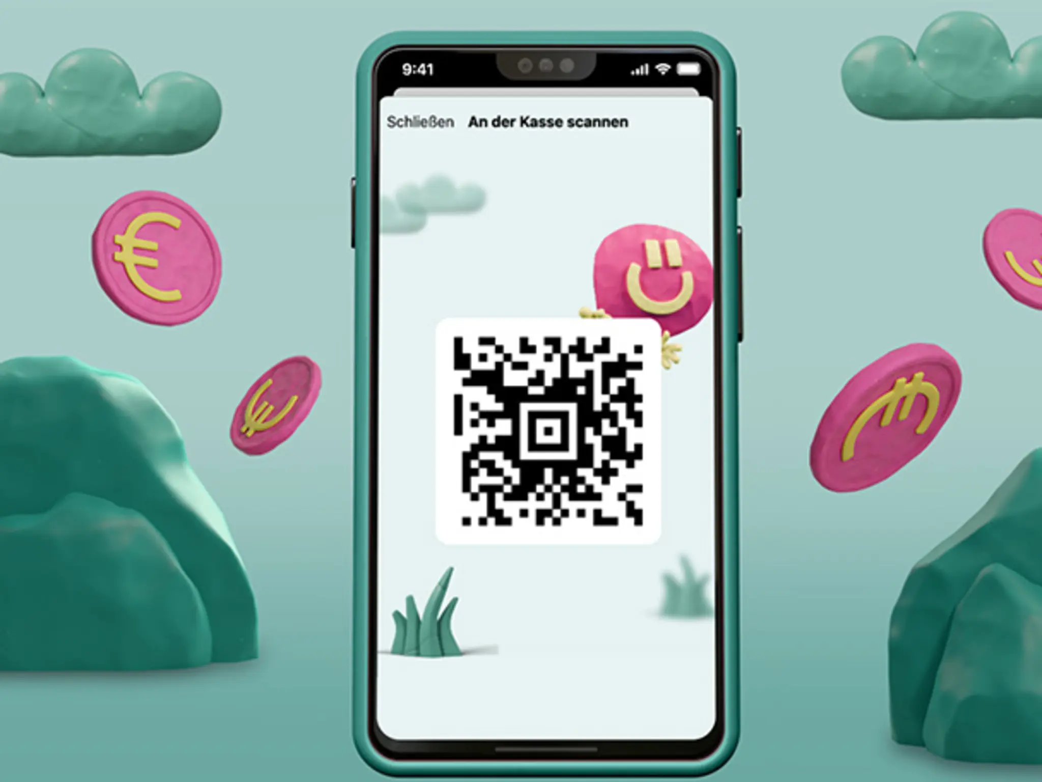 In einer illustrierten Fantasie-Welt regnet es Euro-Münzen. Ein Smartphone zeigt den QR-Code zur REWE App.