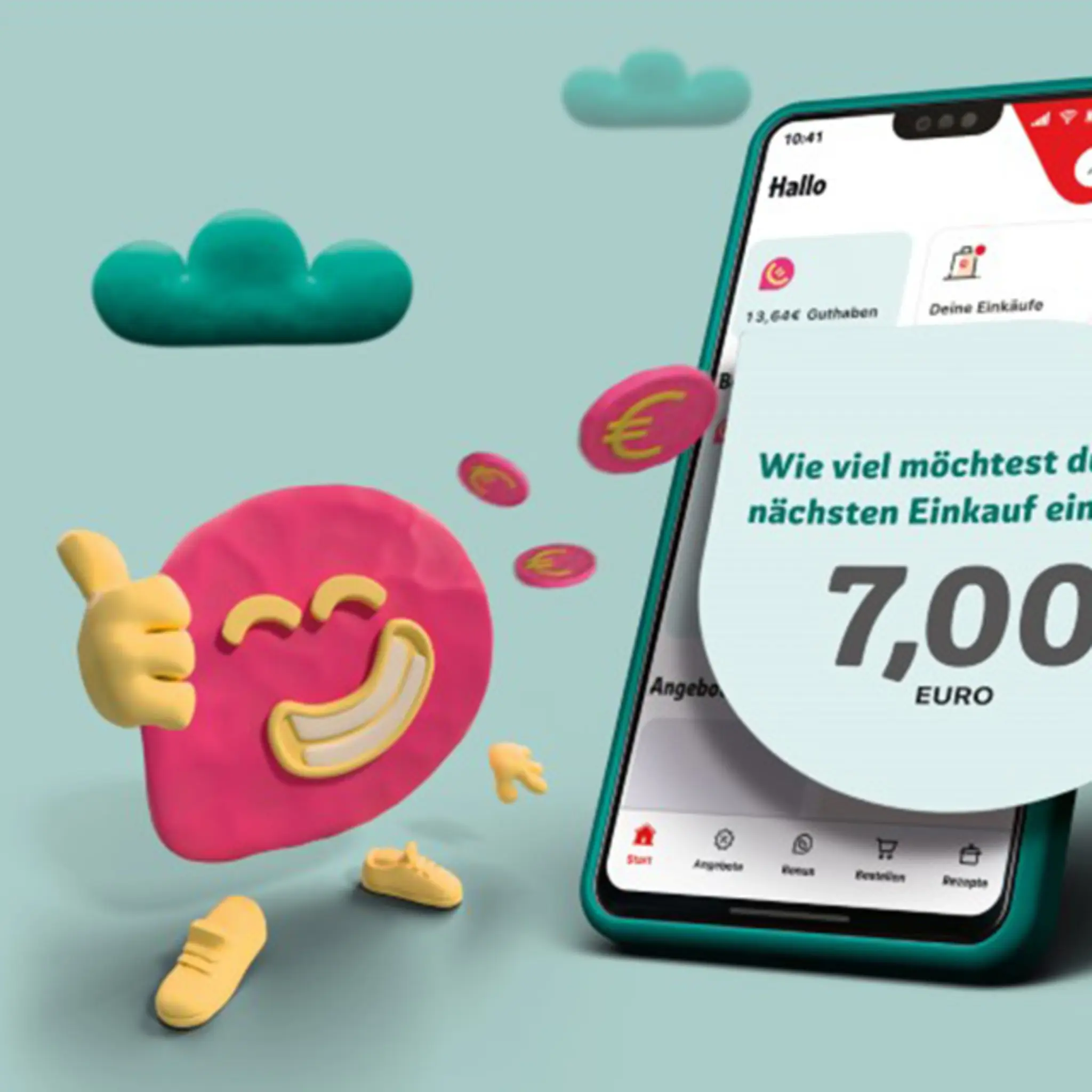 In einer illustrierten Fantasie-Welt steht ein Smiley-Charakter neben einem Smartphone. Er zeigt „Daumen hoch“.
