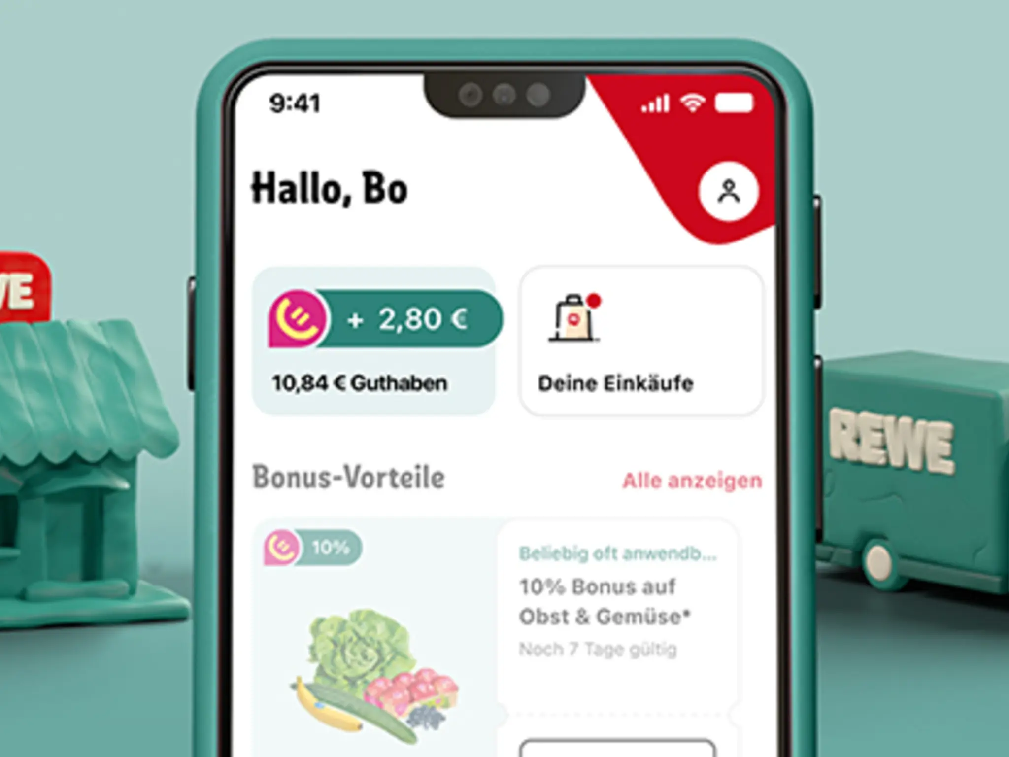 In einer illustrierten Fantasiewelt präsentiert ein Smiley-Charakter mehrere Bonus-Coupons für unterschiedliche Produkte – zum Beispiel frisches Obst und Gemüse. 