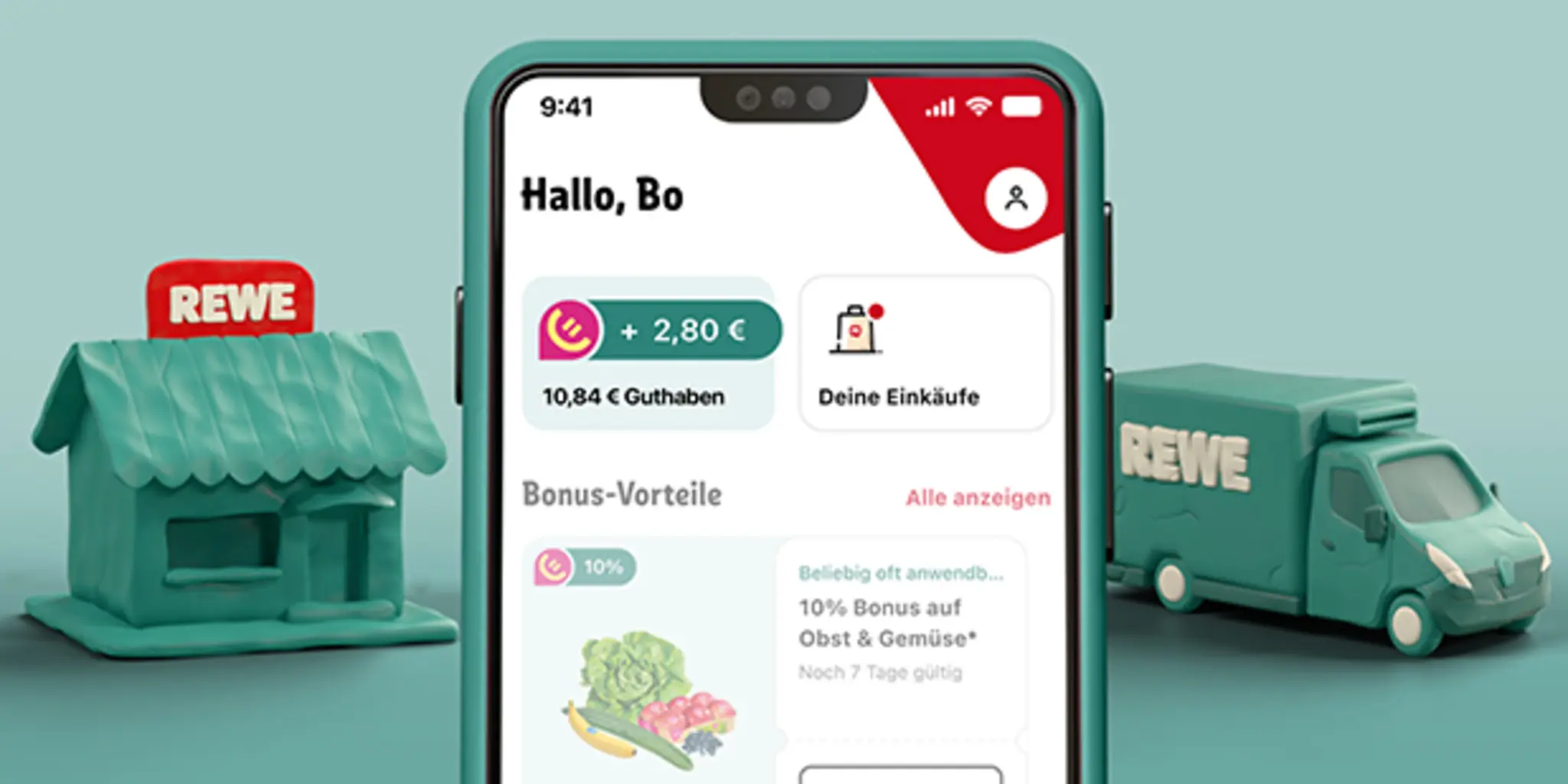In einer illustrierten Fantasiewelt präsentiert ein Smiley-Charakter mehrere Bonus-Coupons für unterschiedliche Produkte – zum Beispiel frisches Obst und Gemüse. 