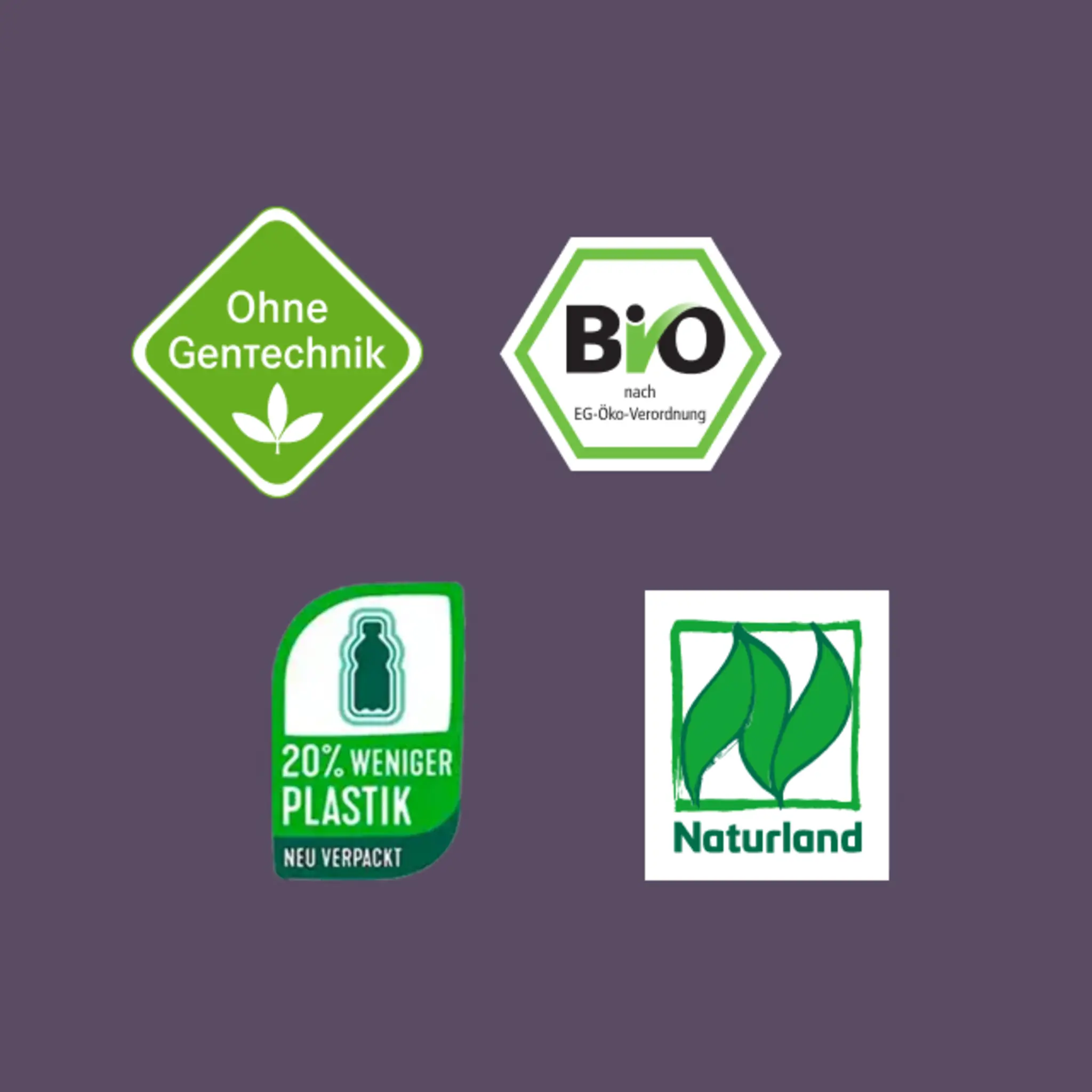 Das ASC Siegel, EU-Bio-Siegel, Blauer Engel und Naturland Zeichen.