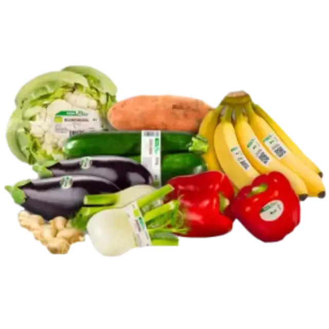Verschiedene unverpackte Obst- und Gemüsesorten: von Zucchini bis Bananen. 